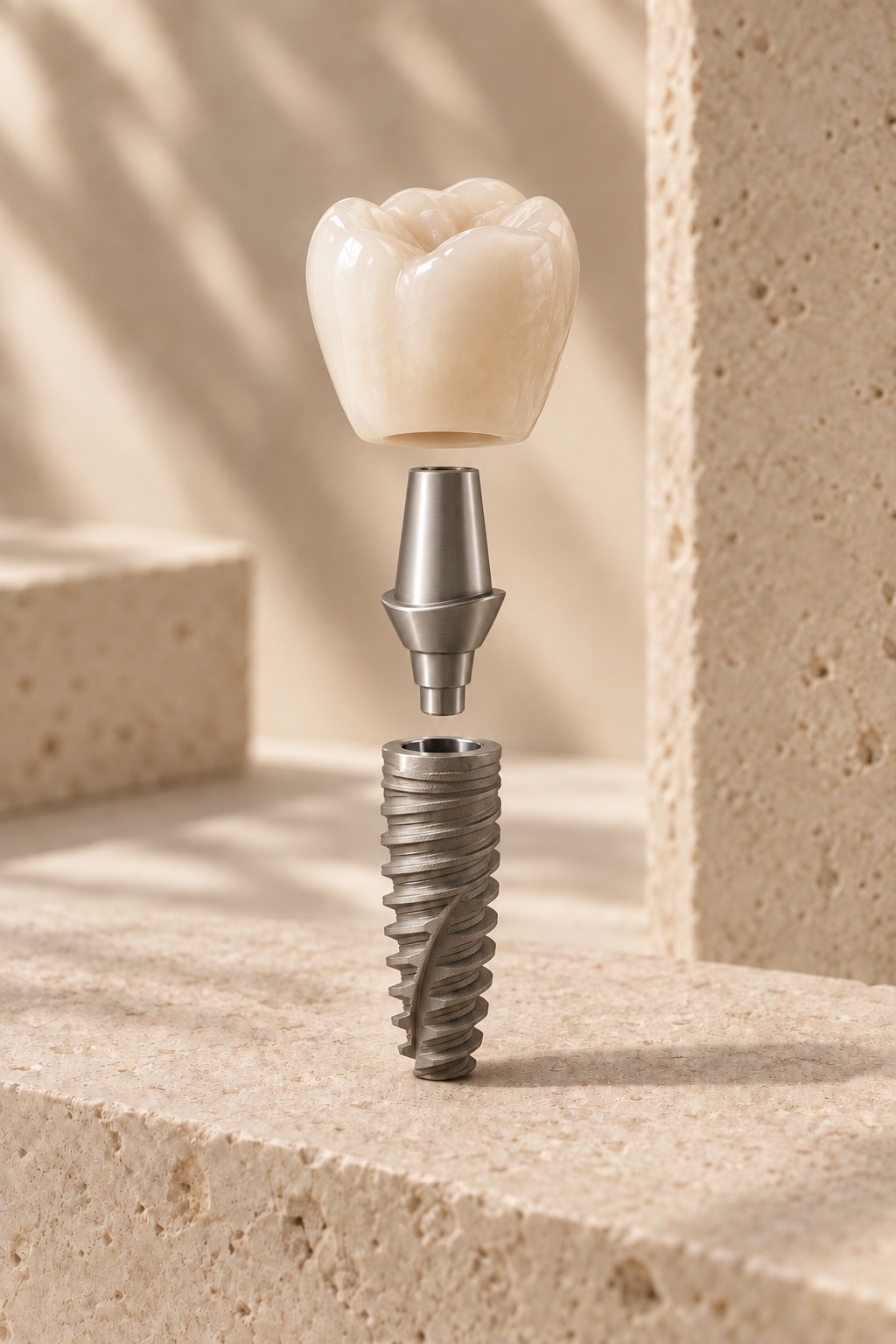 Illustration der Bauteile eines Zahnimplantats mit Implantatkörper, Aufbau und Krone
