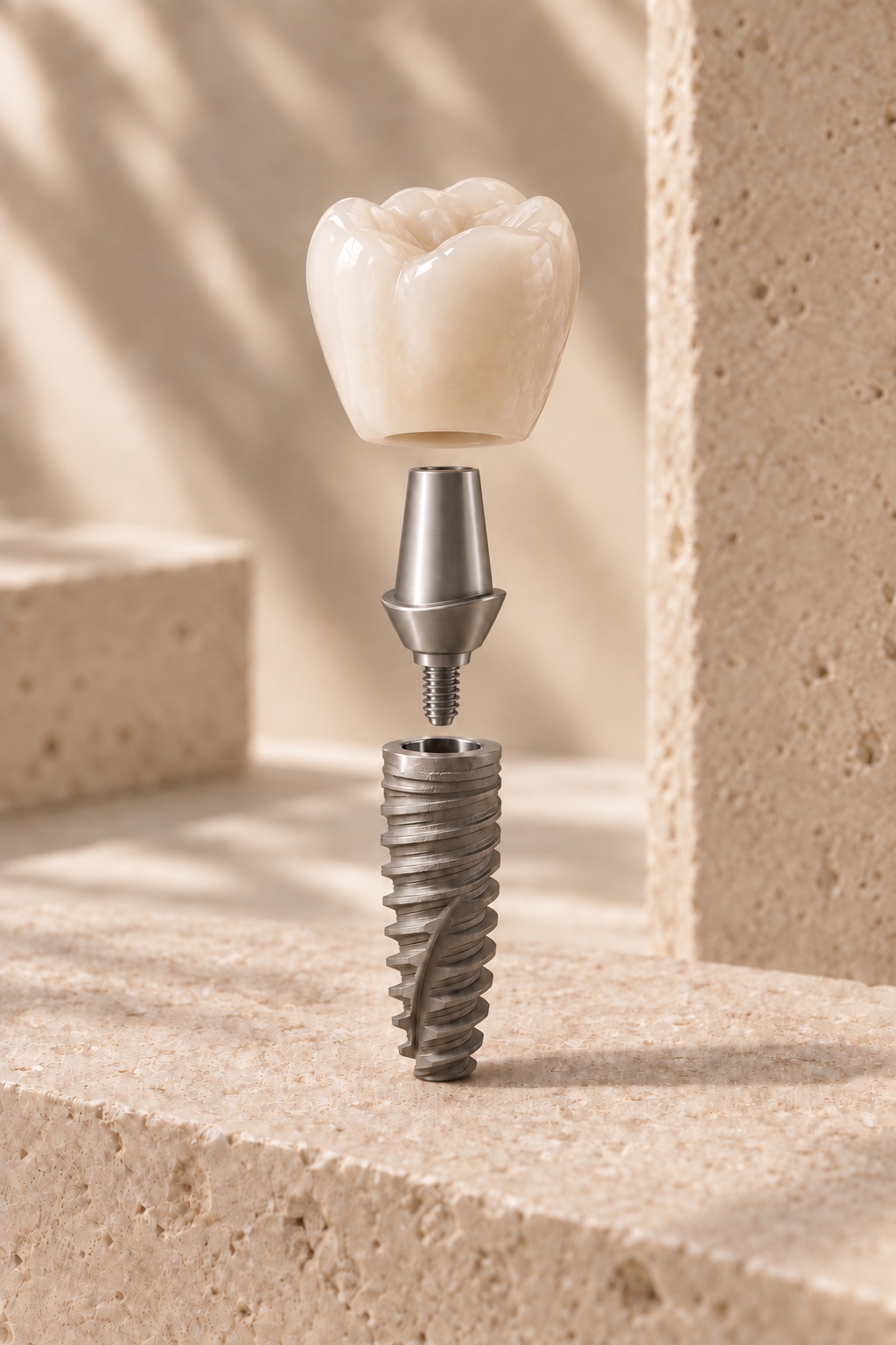 Illustration der Bauteile eines Zahnimplantats mit Implantatkörper, Aufbau und Krone