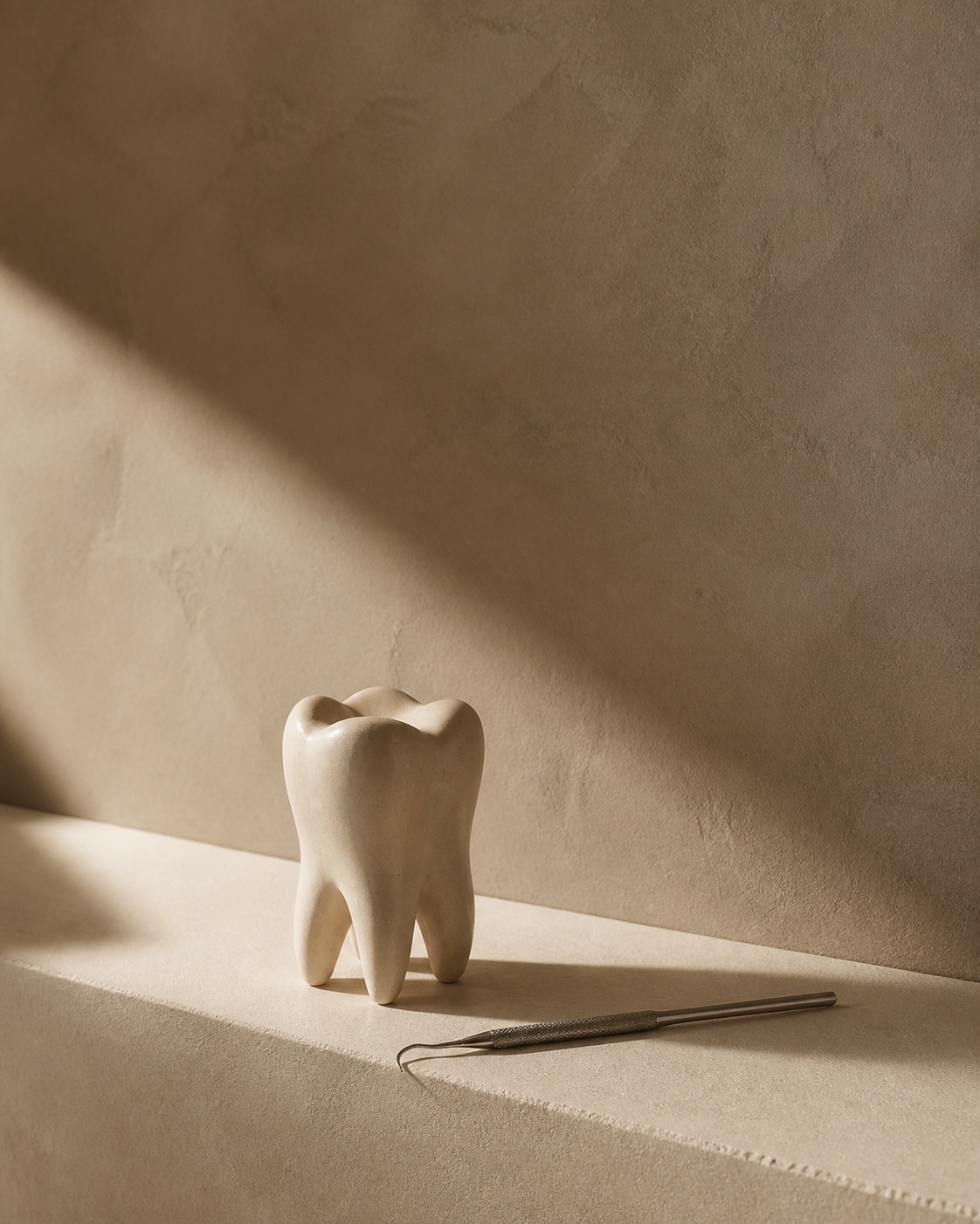 Keramische Zahnform und Dentalinstrument in warmen Naturtönen